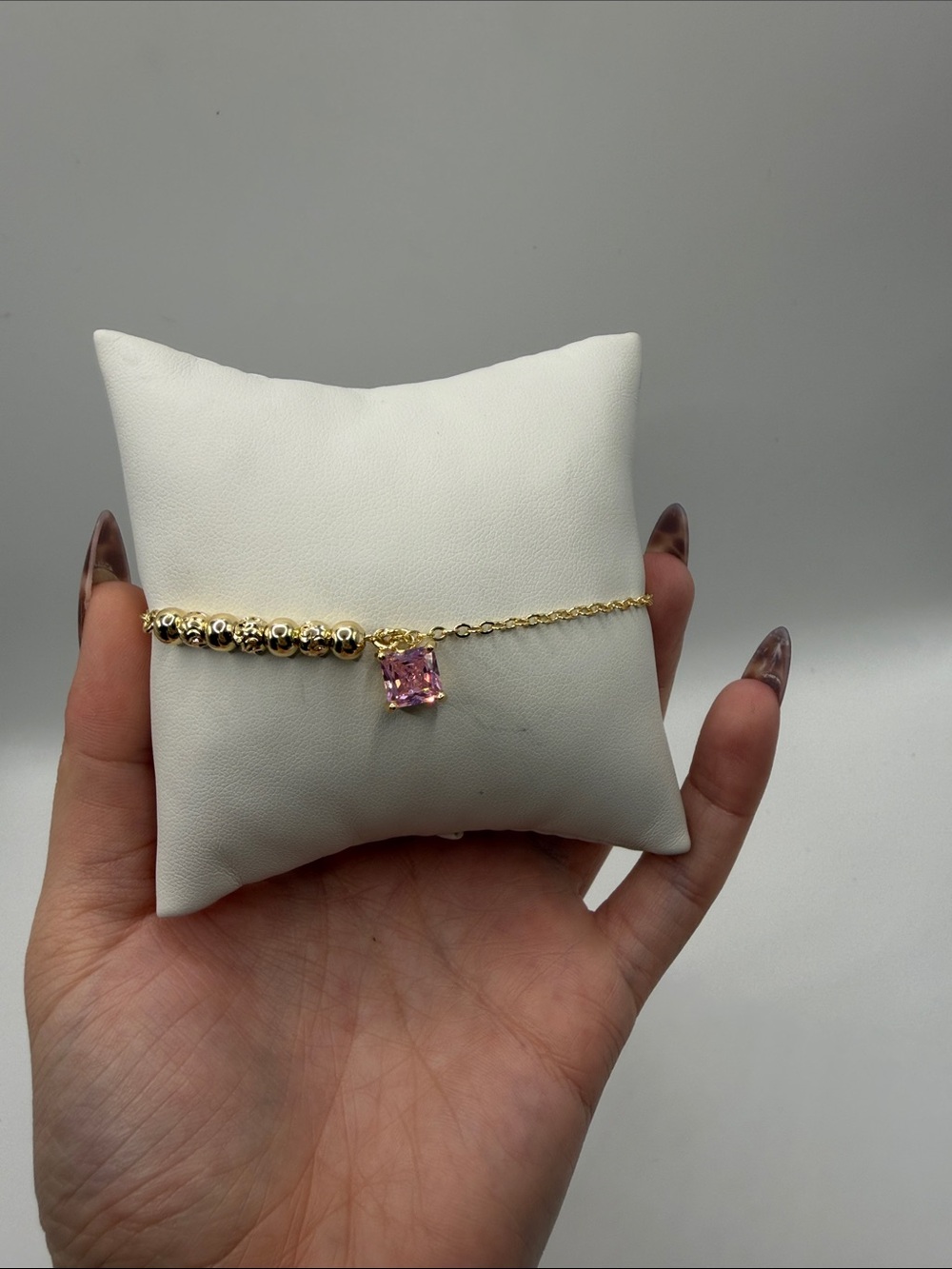 054. Gold Ball Bracelet with Pink Square Crystal Pendant 7” - 8”